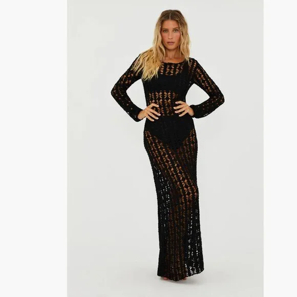 NWT $248 Beach Riot Ariana Long Sleeve Cotton Crochet Cover-Up DressBLACK S
